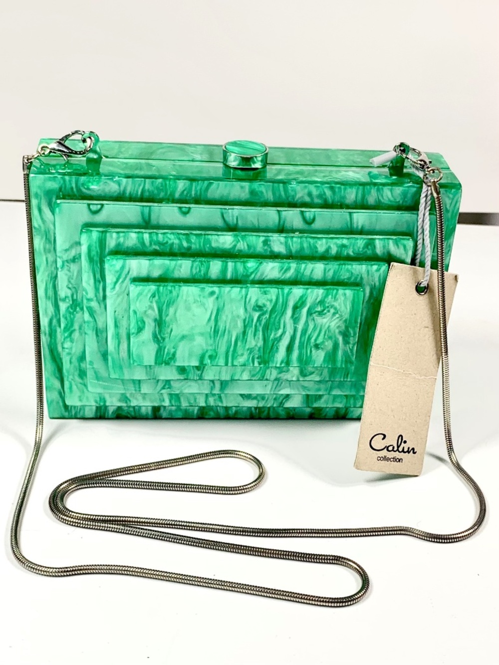 Calin Collection Art Deco Jade Green Marble Acrylic Box Clutch Shoulder Purse